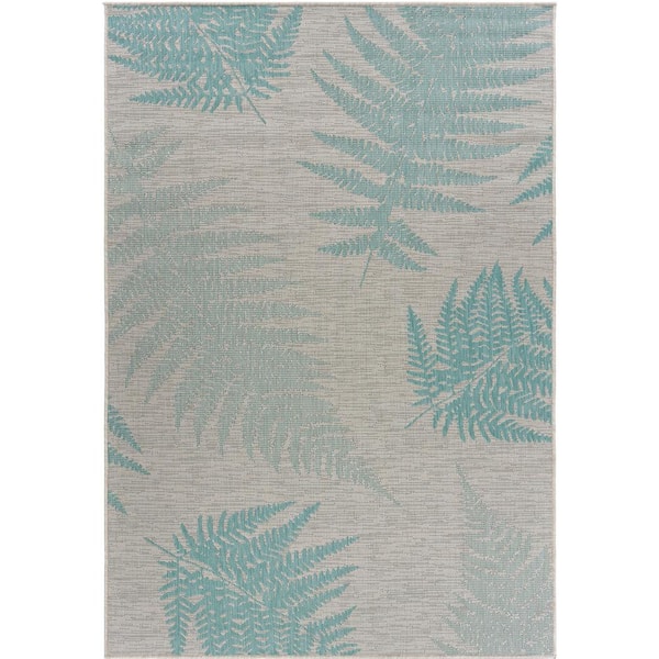 Botanical Teal / Cream 5 ft. 3 in. x 7 ft. 3 in. Fallen Fern Polypropylene Indoor/Outdoor Area Rug