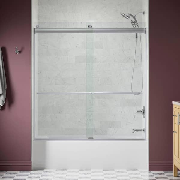 KOHLER Revel 57-60 in. W x 62 in. H Sliding Frameless Shower Door in Bright Polished Silver with Crystal Clear Glass