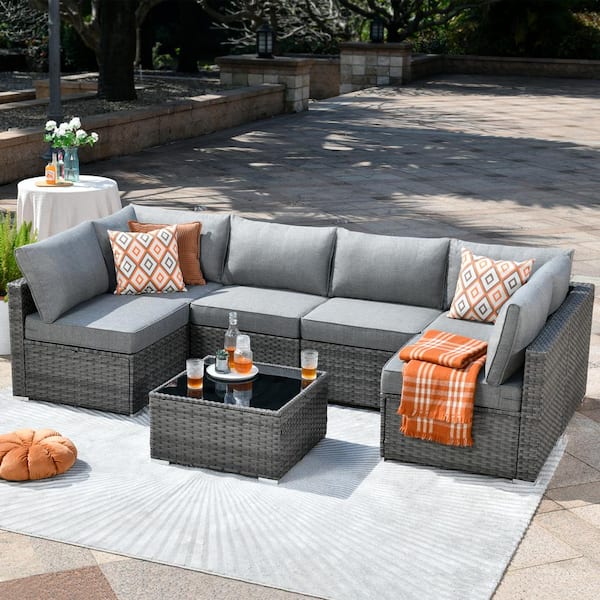 Toject Sanibel Gray 7-Piece Wicker Outdoor Patio Conversation Sofa Sectional Set with Dark Gray Cushions