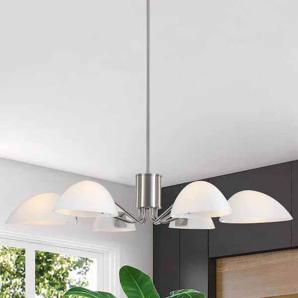 LWYTJO 6-Light Nickel Farmhouse Chandelier Light Fixture with Milk Glass Shades