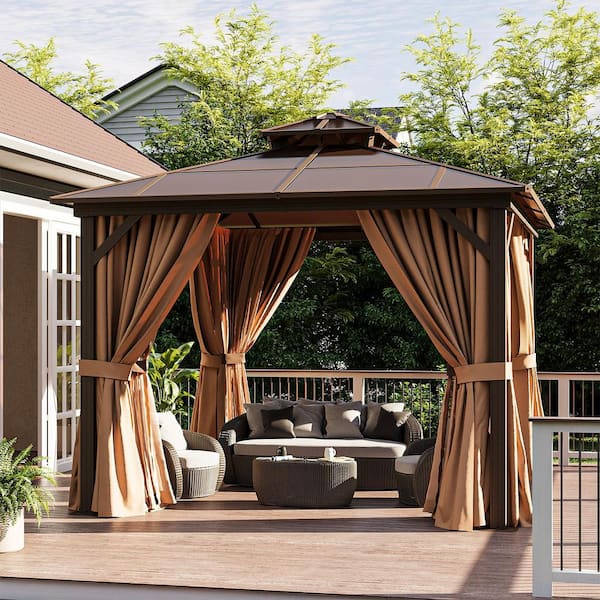 10 ft. x 10 ft. Brown Outdoor Gazebo Polycarbonate Double Roof with Aluminum Frame, Curtains and Netting for Patio