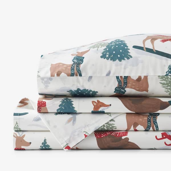 Company Cotton Winter Skiing Animals White Multi Cotton Percale Full Sheet Set