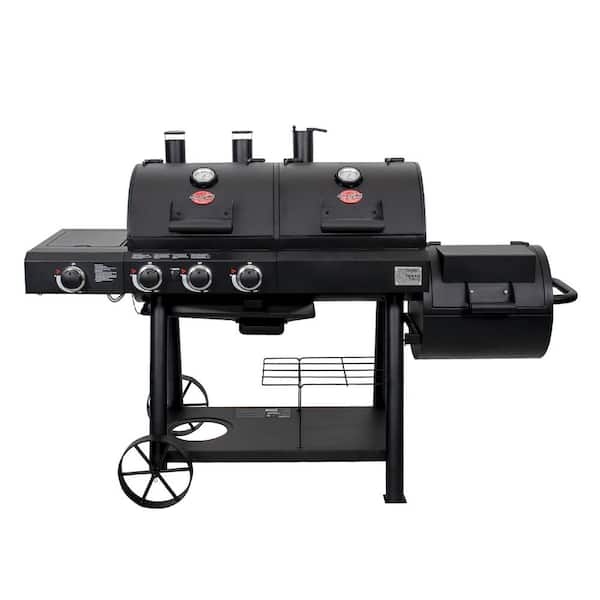 Char-Griller Texas Trio 4-Burner Dual Fuel Grill with Smoker in Black