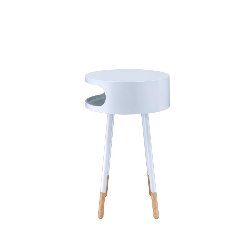 Sonria Round White and Natural Wood End Table with Metal Legs