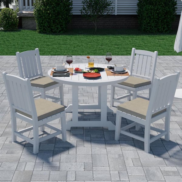 myhomore White 5-Piece Plastic Round Outdoor Dining Set with Beige Cushion