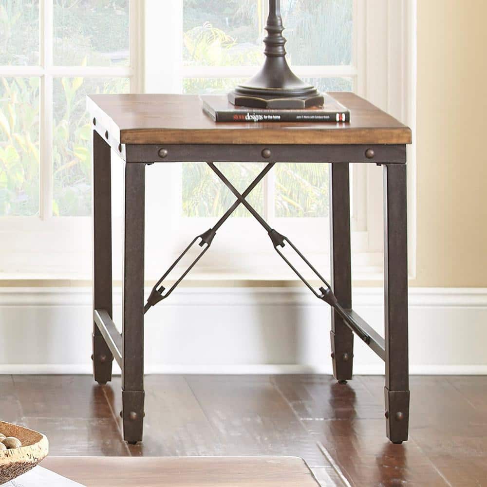 Antiqued Honey Brown Industrial Square End Table