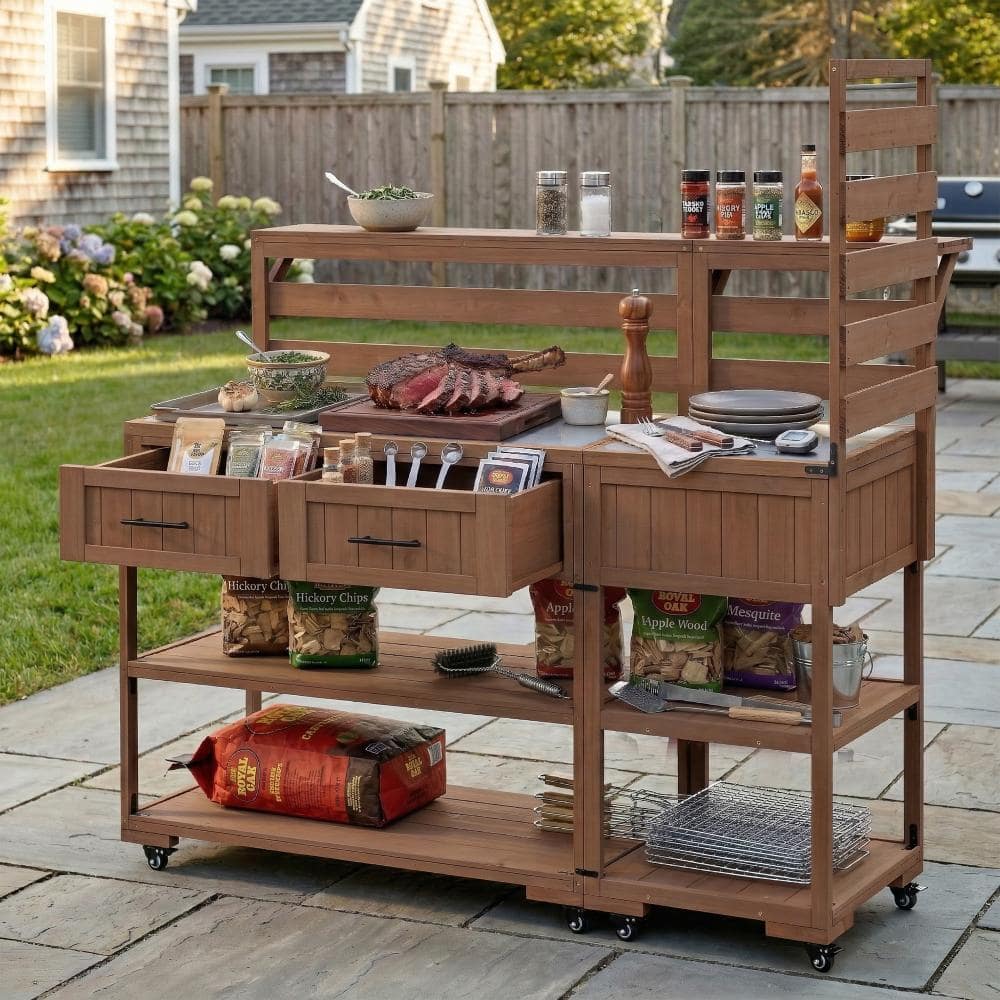 62.3 in. W x 28.6 in. D Outdoor Kitchen Island, Brown Solid Wood Grill Cart with Sink, Drawers and Raised Shelf price history on PriceWatchPro