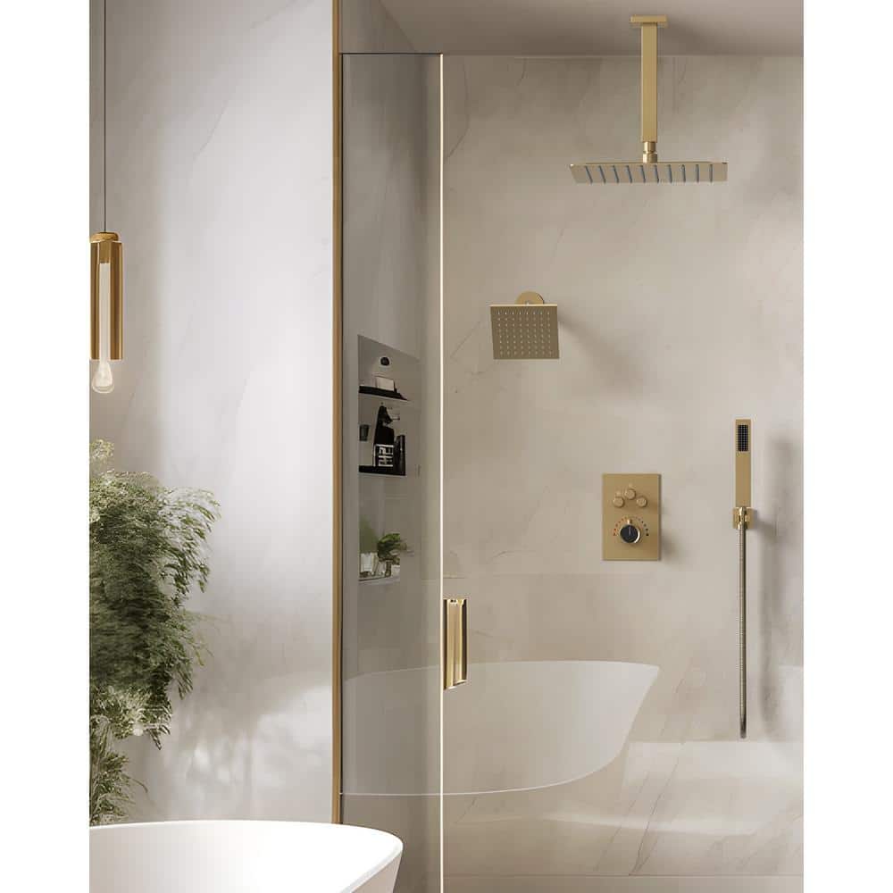 Grandjoy Brushed Gold Dual Shower Head System with Handheld Spray