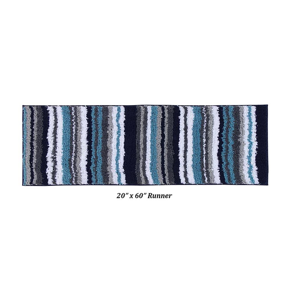 Griffie Blue and Gray Polyester Striped Bath Runner Rug