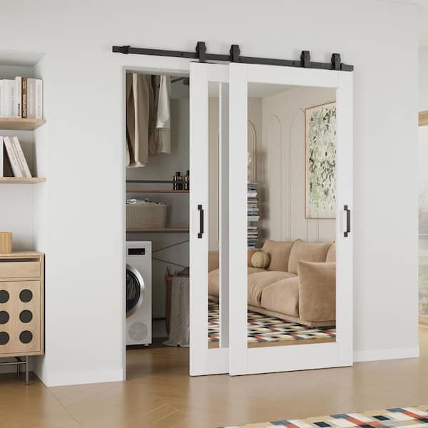 64 in. x 80 in. (Double 36 in.) 1-Lite Mirrored Glass White Primed MDF Sliding Barn Door with Hardware Kit Bypass