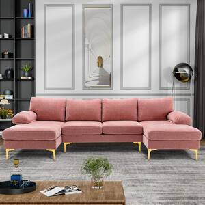 110.63 in W Round Arm 3-piece U Shaped Chenille Sectional Sofa & Chaise in Pink