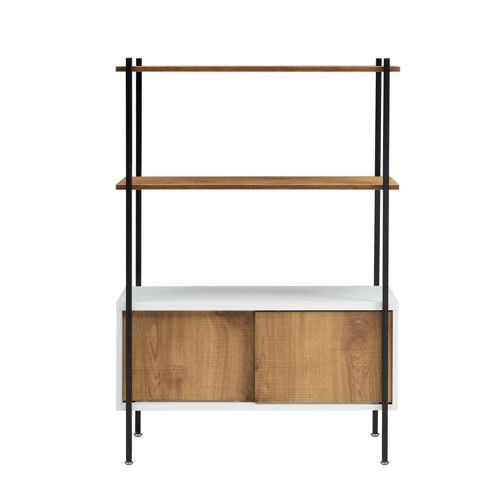 White and Oak Adjustable 3-Shelf Bookcase with Sliding Doors