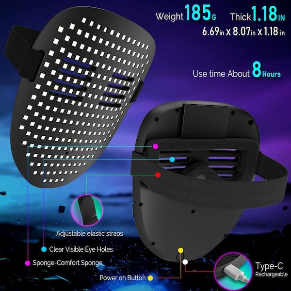 Masque LED Avec Détection De Gestes - 50 Motifs, Rechargeable Jusqu'à 10h, Idéal Cosplay, Halloween Et Fêtes