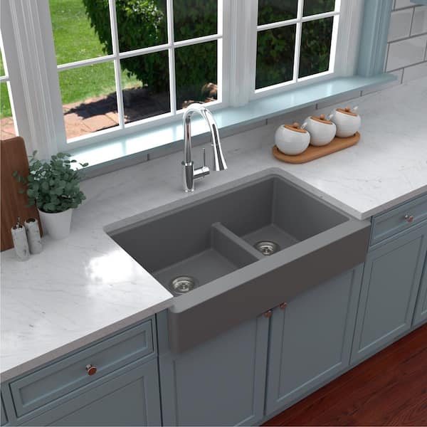 Karran Retrofit Farmhouse/Apron-Front Quartz Composite 34 in. Double Offset Bowl Kitchen Sink in Grey
