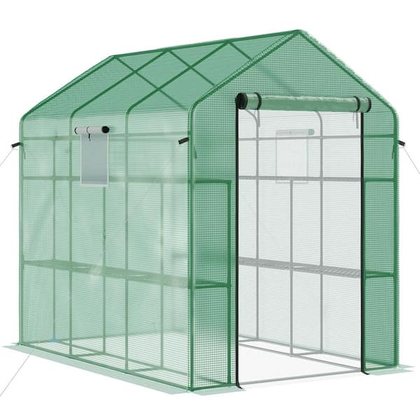 7 ft. x 5 ft. Steel Walk-In Greenhouse with Mesh Door Windows and Trellis Garden Hot House for Flowers Herbs, Vegetables