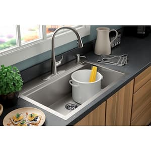 Lyric Dual Mount Workstation Stainless Steel 33 in 4-Hole Single Bowl Kitchen Sink with Integrated Ledge and Accessories