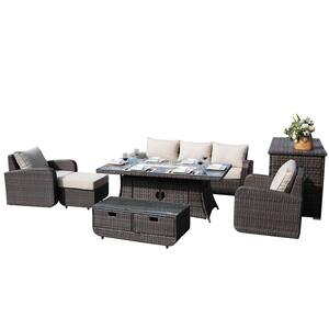 Diane Brown 7-Piece Square Wicker Stainless Steel Fire Pit Seating Set with Beige Cushions and Side Table