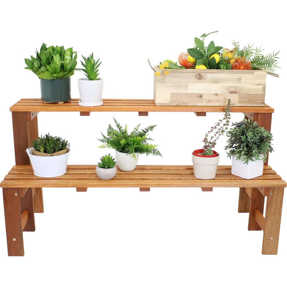 Brown Meranti Wood 2-Tier Outdoor Plant Stand with Teak Oil Finish