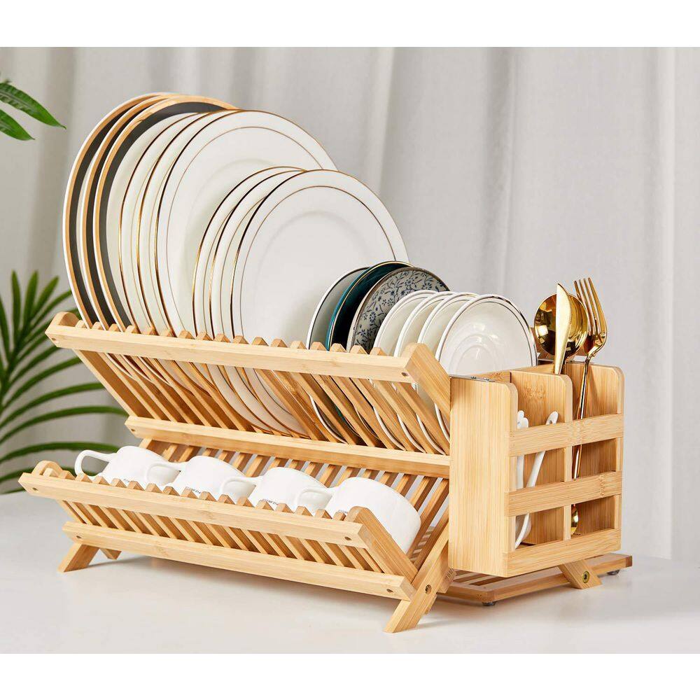 Natural Bamboo 3-Tier Collapsible Wooden Dish Drying Rack with Utensil Holder Large Folding Drainer Holder price history on PriceWatchPro
