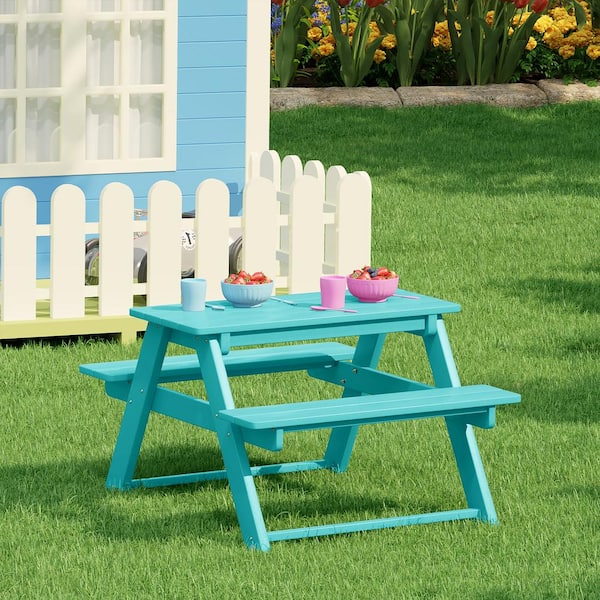 Children's Laguna Outdoor Patio All Weather Plastic 29.75 in. Rectangle Kids Picnic Play Table w/ Benches in Turquoise