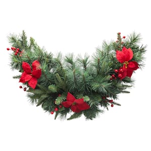 3 ft. L Pre-Lit Greenery Pine Poinsettia and Red Berries Christmas Swag with 50 Warm White Lights and Timer