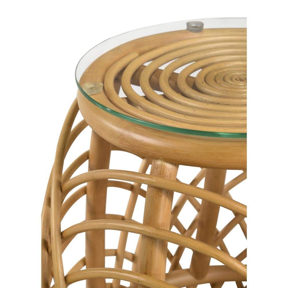 Natural Brown Rattan and Glass Round End Table