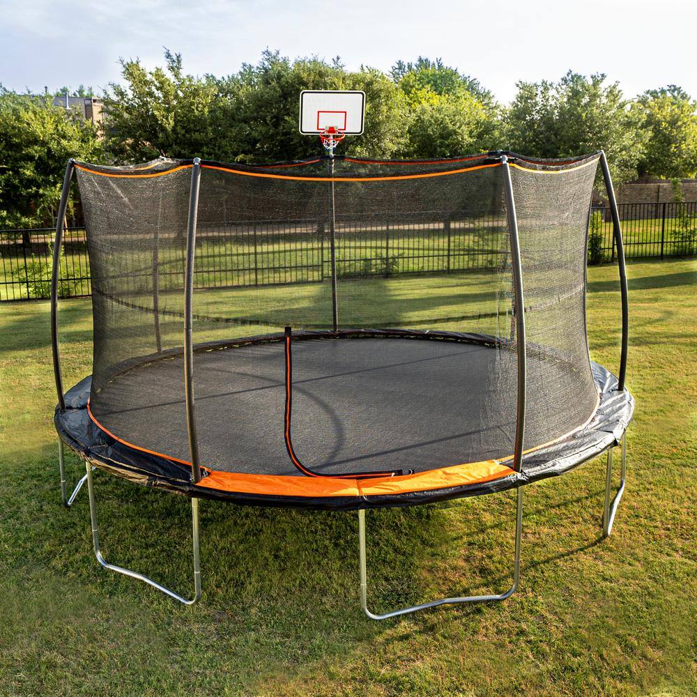 15' Black Round Trampoline with Enclosure and Basketball Hoop