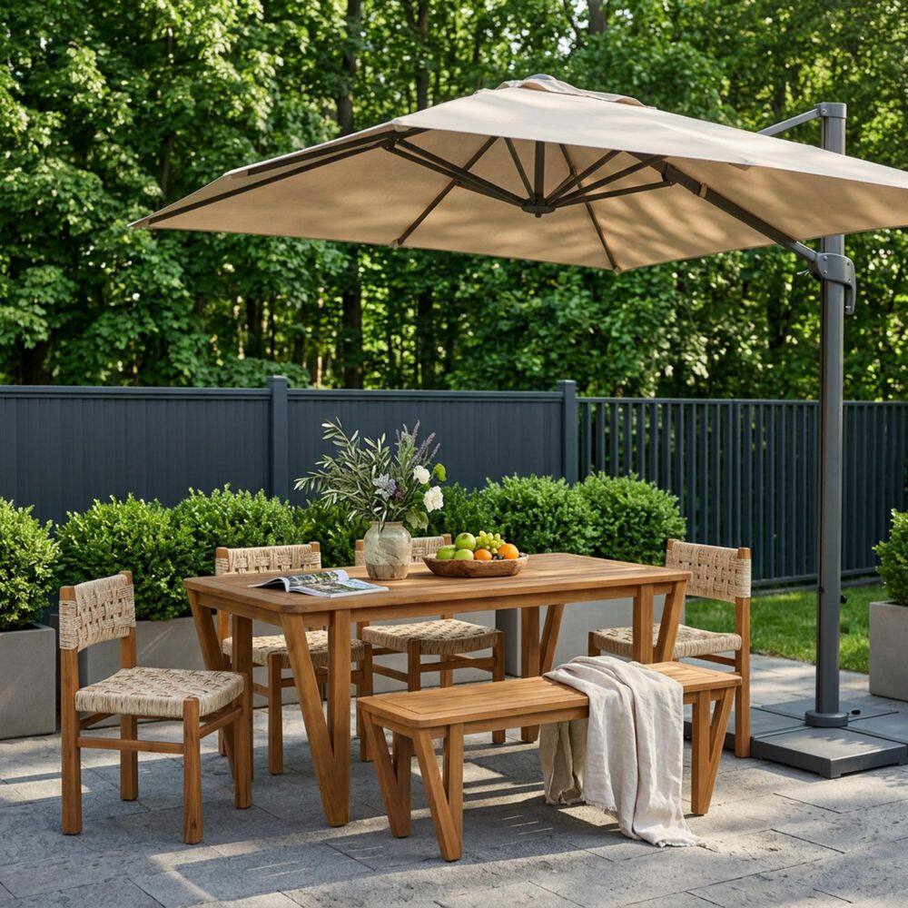 Kasib 6-Piece Rectangle Teak Solid Wood Top Outdoor Dining Table Set Seats 6