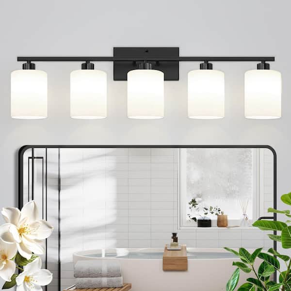 35.43 in. 5-Light Black Vanity Light with Frosted Glass Shade