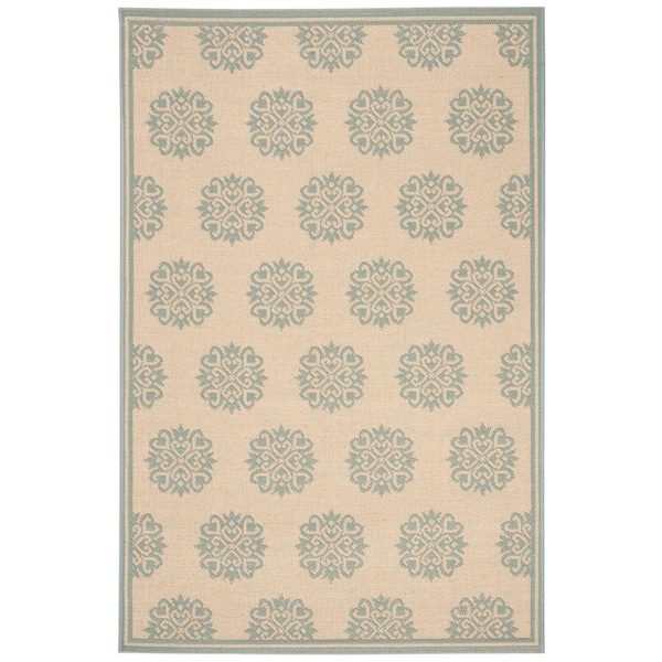 SAFAVIEH Beach House Cream/Aqua 4 ft. x 6 ft. Geometric Indoor/Outdoor Patio  Area Rug