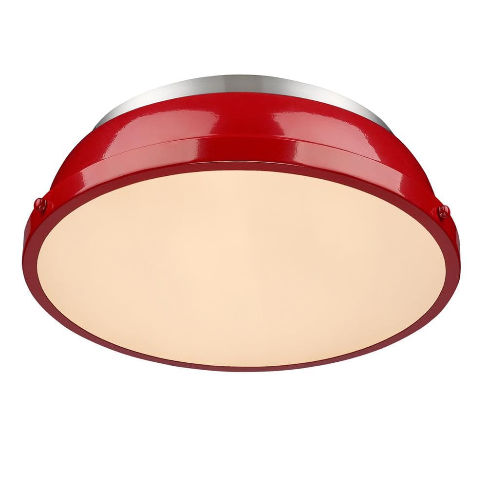 Transitional Pewter 14" Flush Mount Light with Red Shade