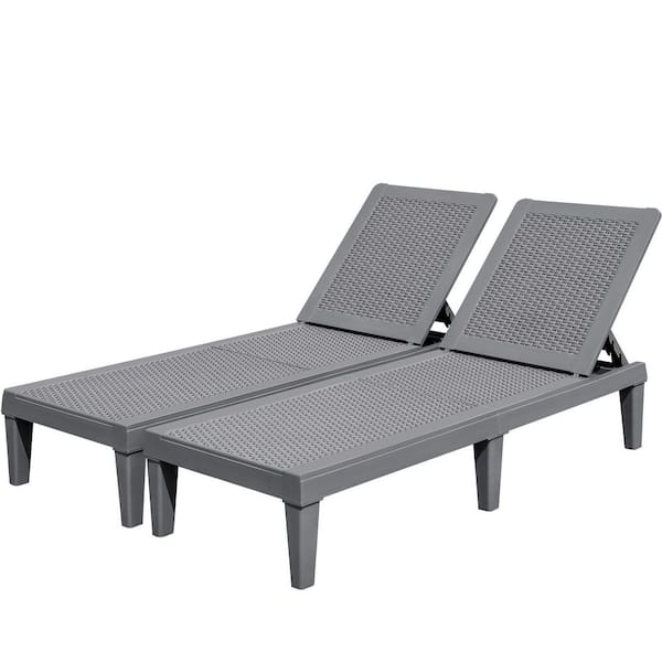 Gray Resin Outdoor Chaise Lounge Set of 2 Waterproof Plastic Quick Assembly Chairs with Adjustable Back