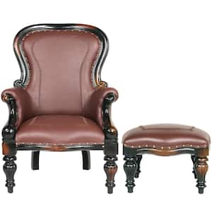 Victorian Rococo Brown Mahogany Wing Chair and Ottoman (Set of 2)