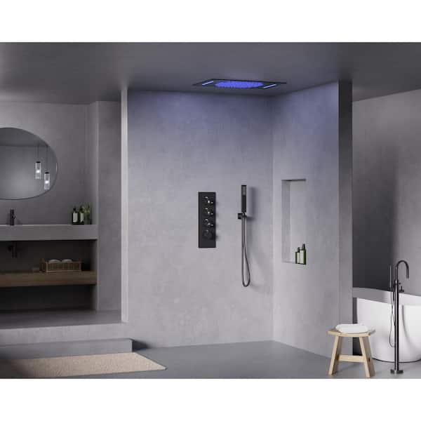 LED Thermostatic Quadruple Handle 7-Spray 23 x 15 in. Shower Faucets 2.5 GPM with Anti Scald, Waterfall in Matte Black