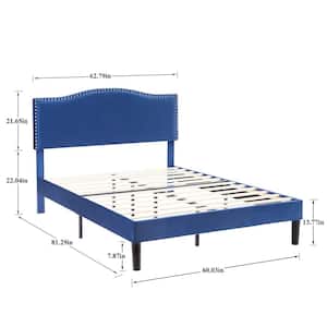 Bed Frame Blue Metal Frame Queen Platform Bed with Upholstered Headboard, Strong Frame and Wooden Slats Support