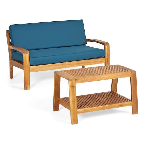 Grenada Teak Brown 2-Piece Acacia Wood Outdoor Patio Conversation Set with Teal Cushions