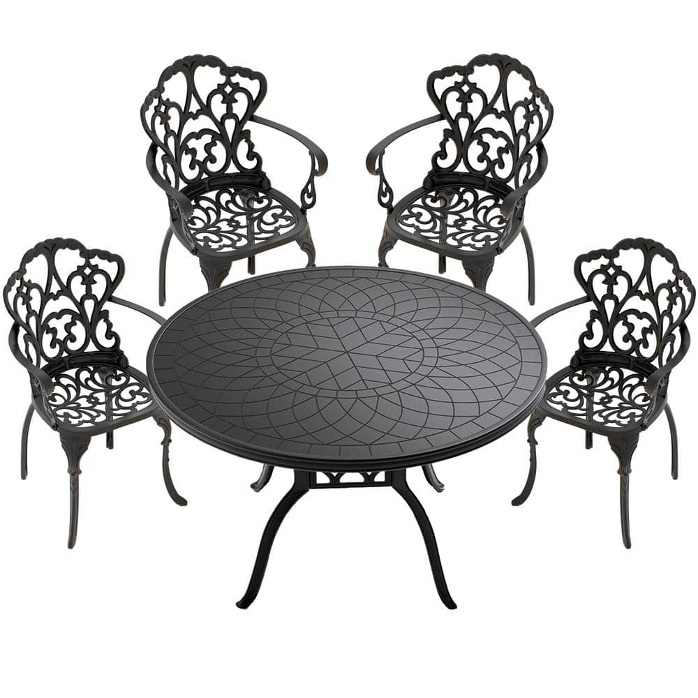 5-Piece Black Cast Aluminum Outdoor Dining Set, Patio Furniture with 47.24 in. Round Table and Random Color Cushions price history on PriceWatchPro
