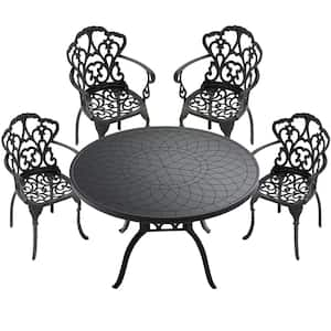 5-Piece Black Cast Aluminum Outdoor Dining Set, Patio Furniture with 47.24 in. Round Table and Random Color Cushions