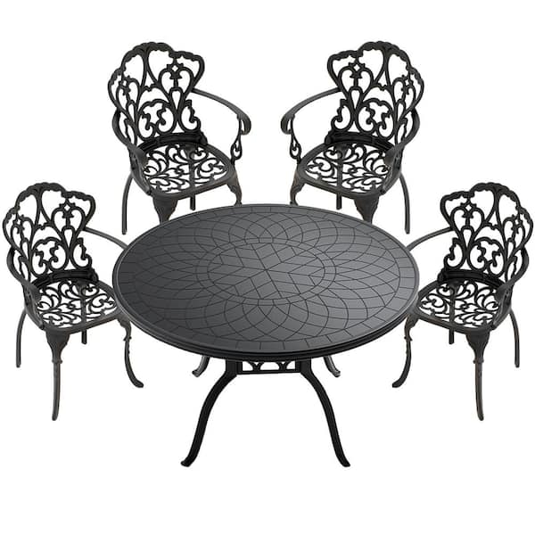 ToolCat 5-Piece Black Cast Aluminum Outdoor Dining Set, Patio Furniture with 47.24 in. Round Table and Random Color Cushions