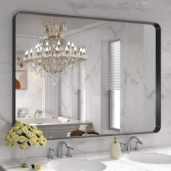 KIOTEE 48 in. W x 30 in. H Rectangular Framed French Cleat Wall Mounted Tempered Glass Bathroom Vanity Mirror in Matte Black
