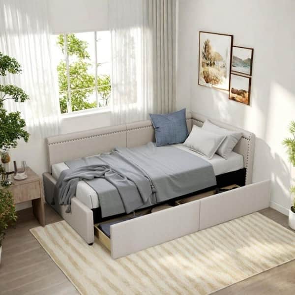 Sherwin Beige Linen Upholstered Twin Size Daybed with 2 Storage Drawers