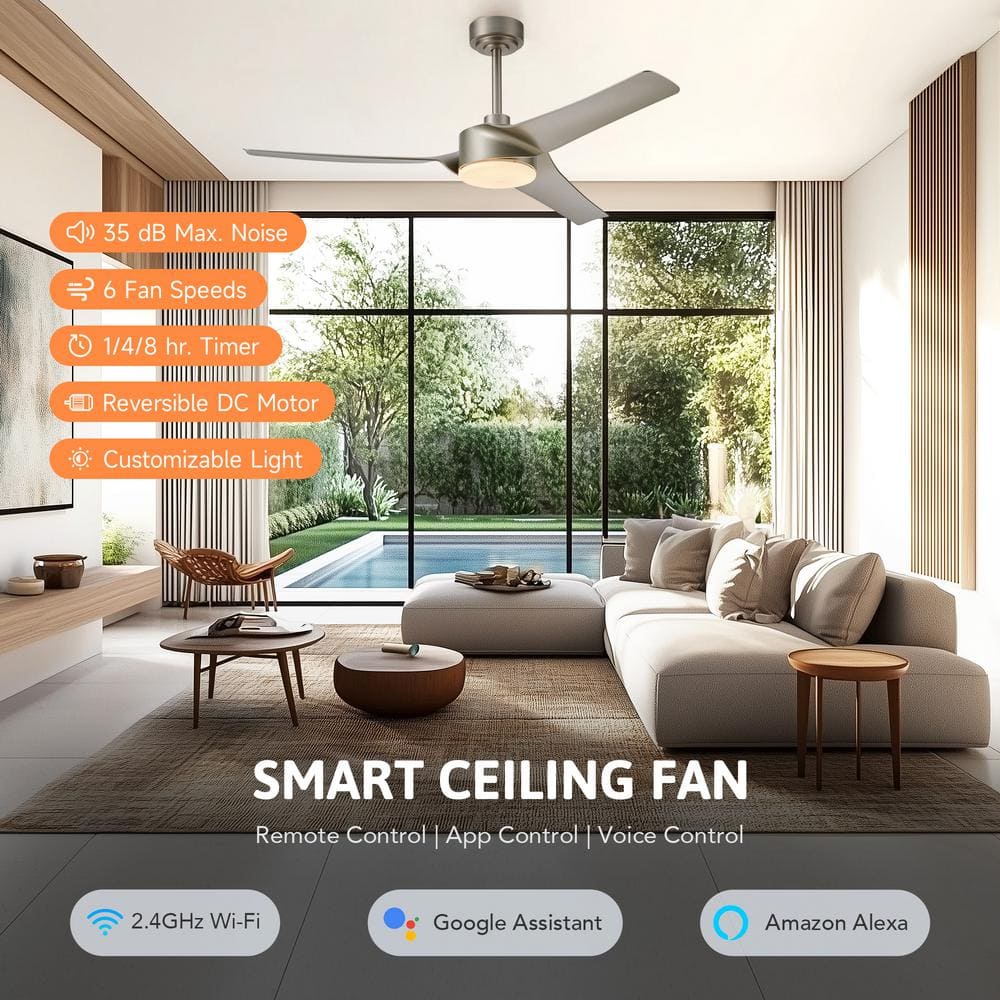 52" Nickel Smart Ceiling Fan with Dimmable LED Light and Remote