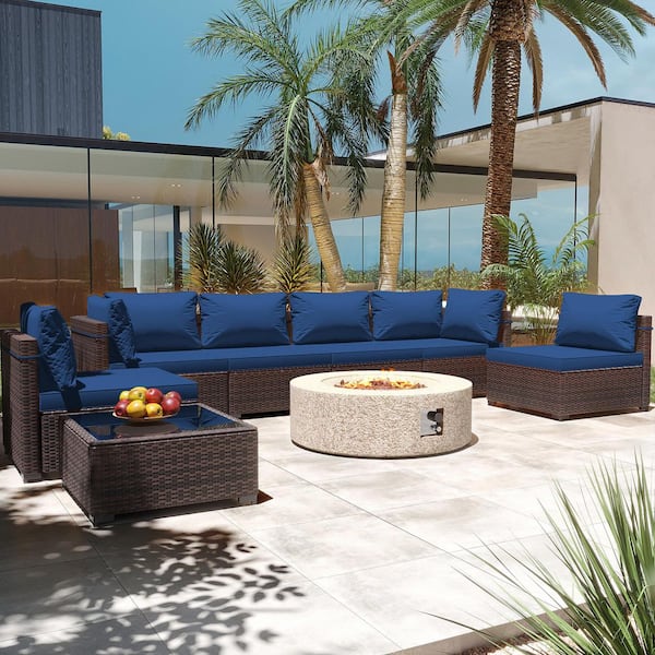 PATIO WATCHER 8-Piece Rattan Patio Conversation Set with Cushions and 42 in. Outdoor Round Fire Pit Table, Navy Blue Cushions