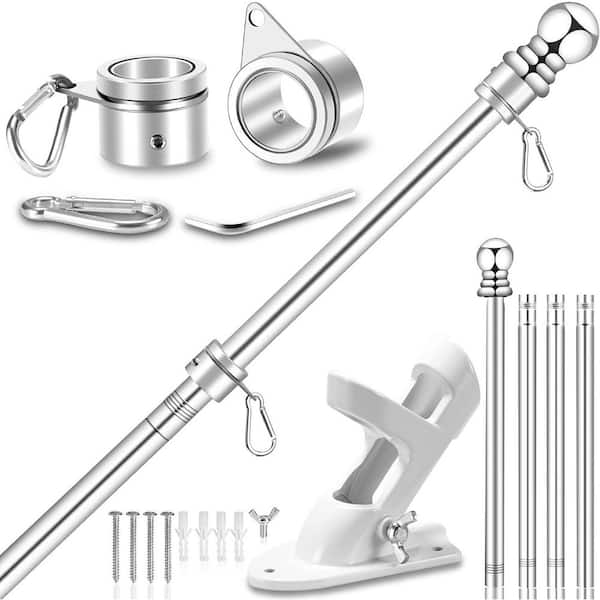 Flag Pole Kit 1 in. 2-Position Stainless Steel Flagpole with Spinning Rings 5FT to 6FT for 3x5 & 4x6 Flag Silver