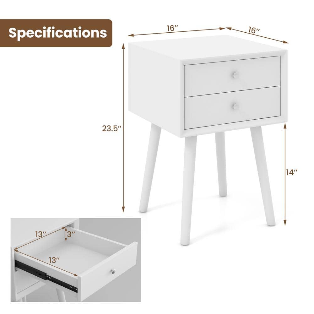 Mid-Century Modern White Wood 2-Drawer Nightstand