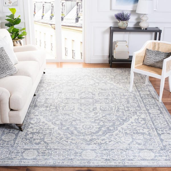 Brentwood 10 ft. x 10 ft. Square Light Gray/Ivory Distressed Border Medallion Area Rug