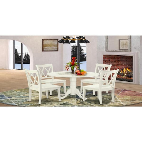 5-Piece Round Linen White Finish Solid Wood Top Dining table with 4 Chairs with Drop Leaf Cross Back