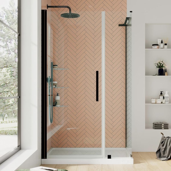 OVE Decors Pasadena 48 in. L x 32 in. W x 75 in. H Corner Shower Kit w/Pivot Frameless Shower Door in ORB w/Shelves and Shower Pan