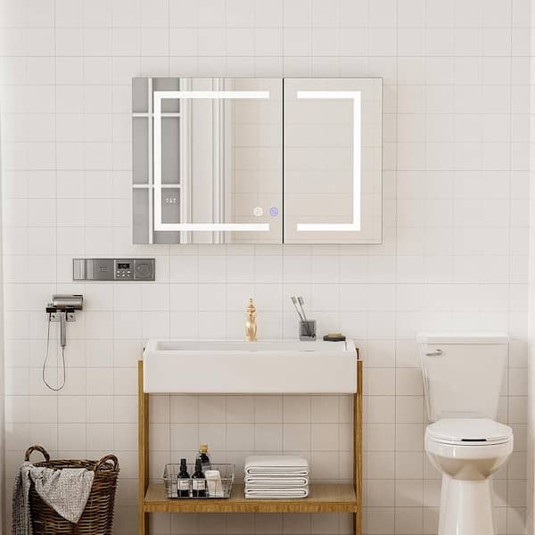 Simple Project Pro Series 36 in. W x 24 in. H Rectangular Aluminum Medicine Cabinet with Mirror, Built-in 5x Magnifying Mirror