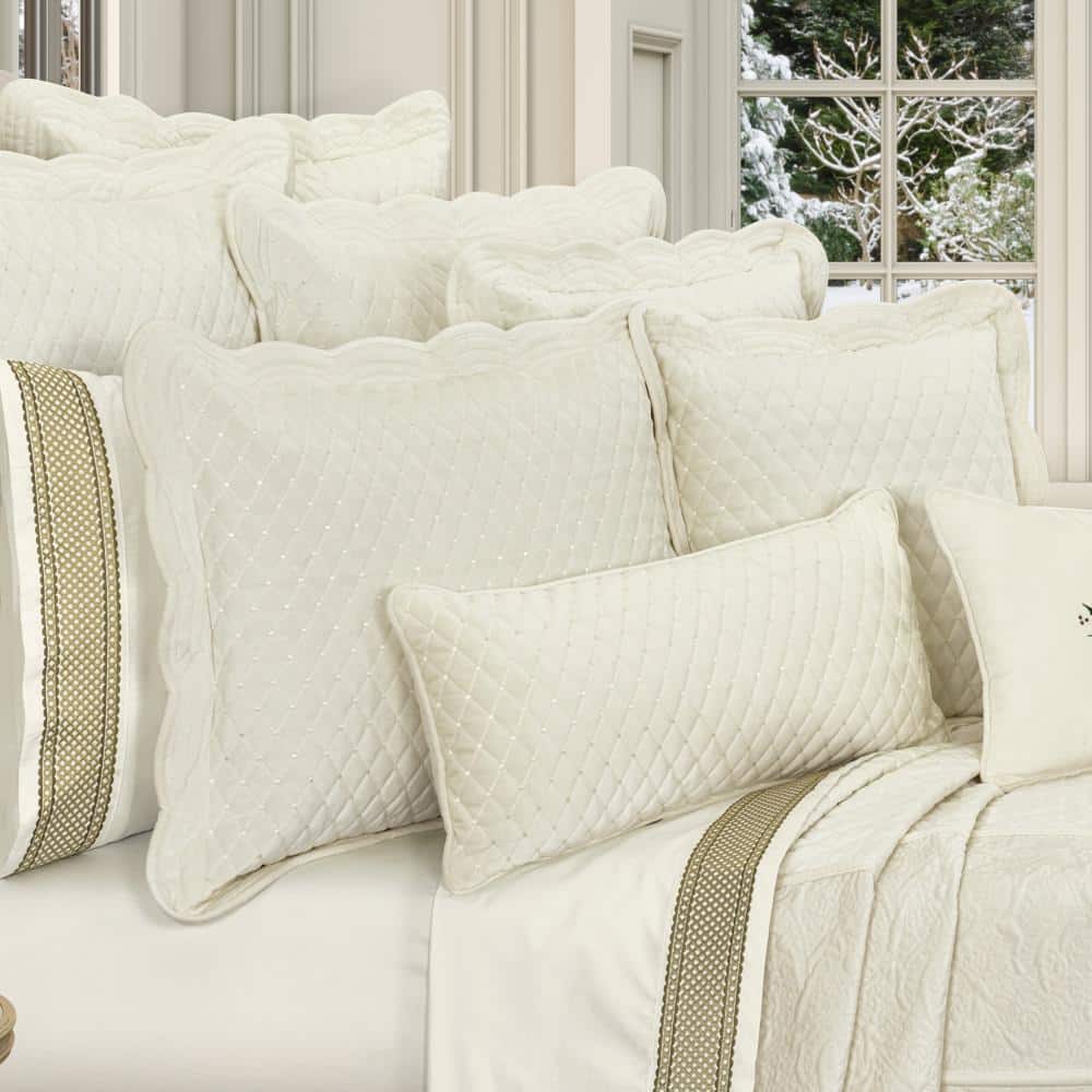Winter White Quilted Velvet Rectangular Throw Pillow 15" x 20"